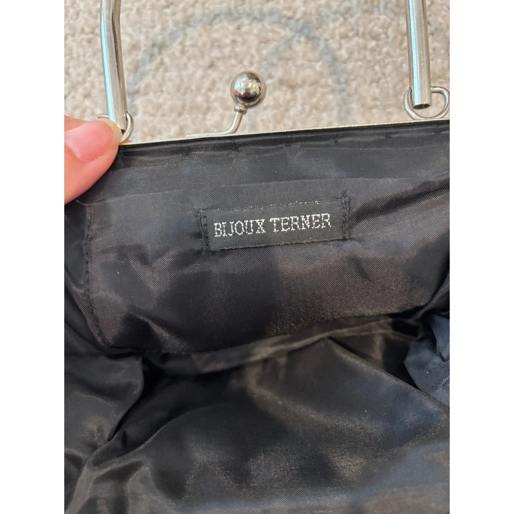 Bijoux Terner‎ Evening Bag Small Black Beaded Sequin Satin Kiss Lock Clutch